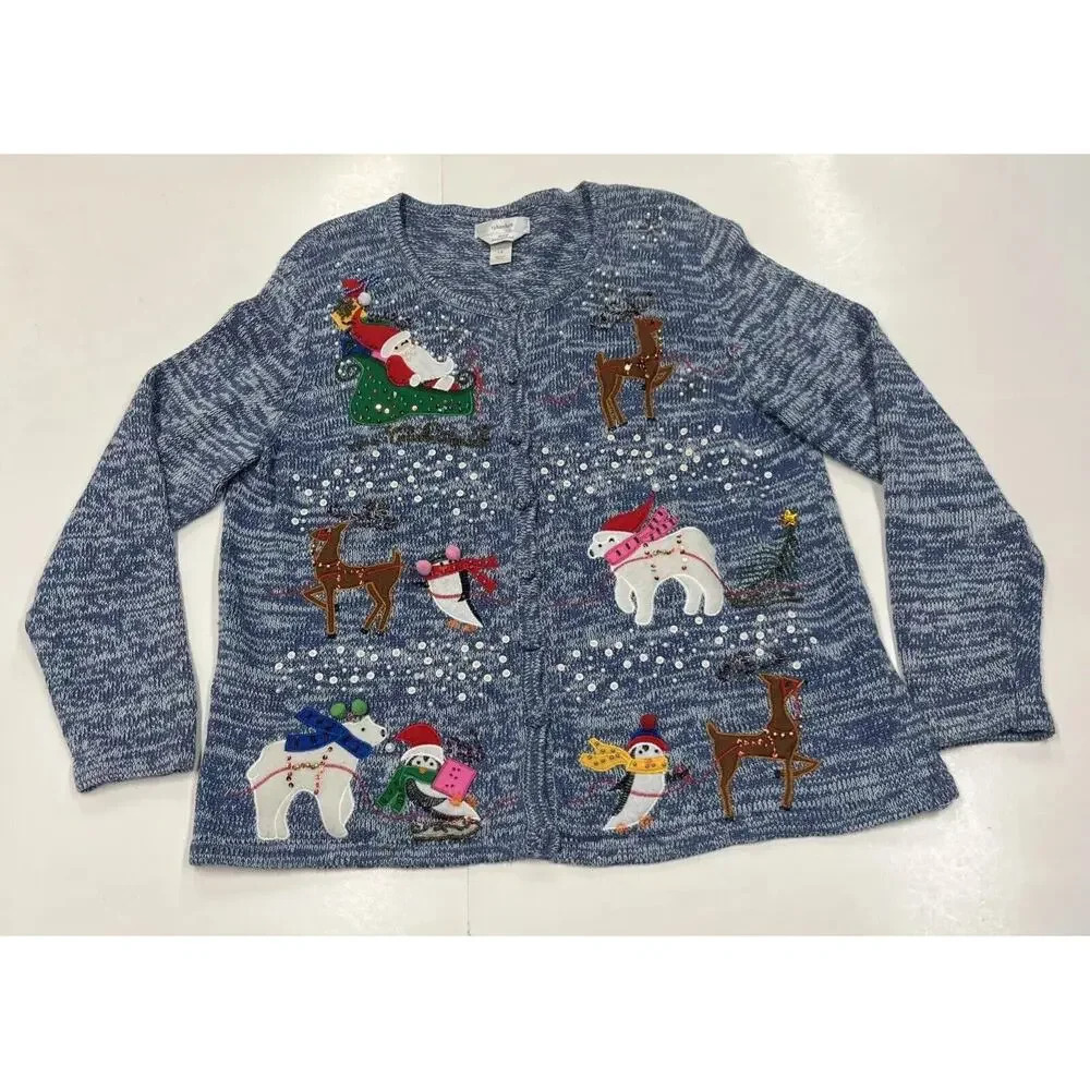 CJ Banks Hand Embroidered Button Up Ugly Christmas Cardigan Sweater Womens 1X